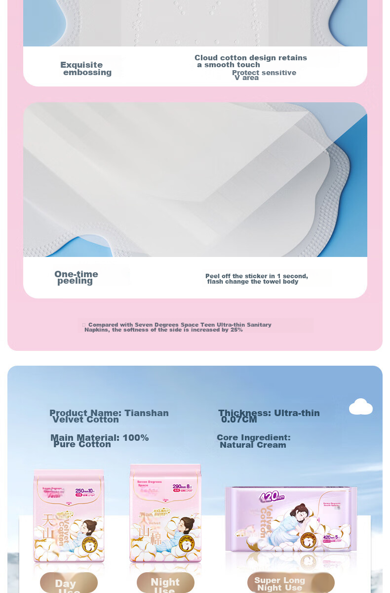 SPACE 7 Tianshan Velvet Cotton Sanitary Napkins, Ultra-Thin Pure Cotton, Breathable Night Use Menstrual Pads, 290mm, 15 Pieces [New National Standard Certified] 12