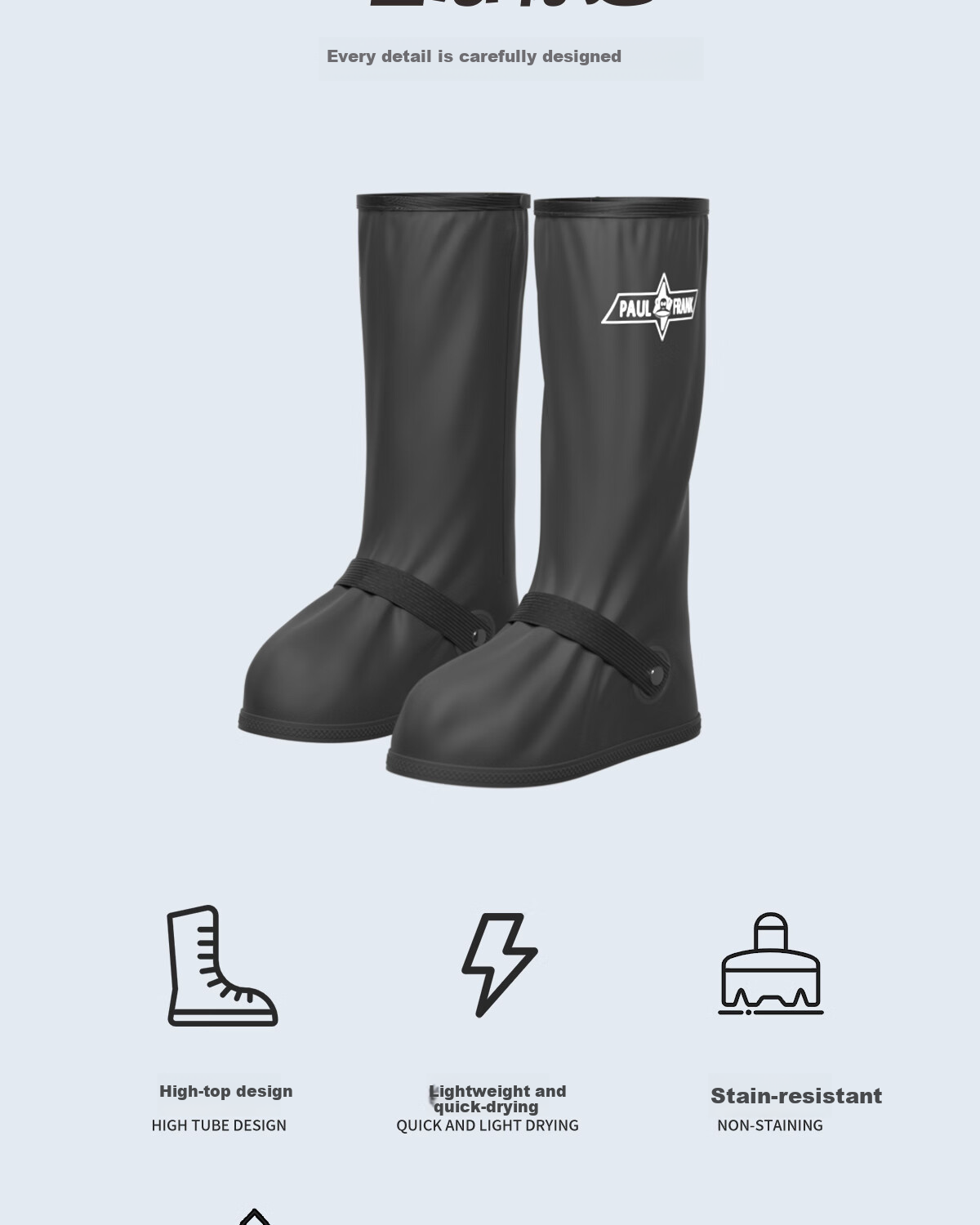 Paul Frank Rain Boots for Men And Women, Waterproof Outdoor Rainproof Wear-Resistant High-Top Black Shoes Size L (38-39), Sole Length 28CM 2