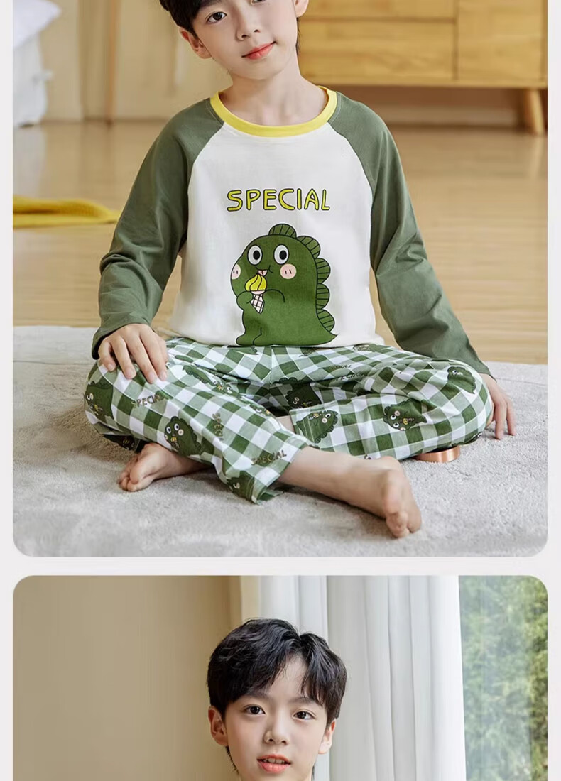 Langsha Boys' Pajamas Spring Autumn 2026 New A-Class Pure Cotton Children's Homewear Set Big Kids Autumn Tops and Bottoms 11