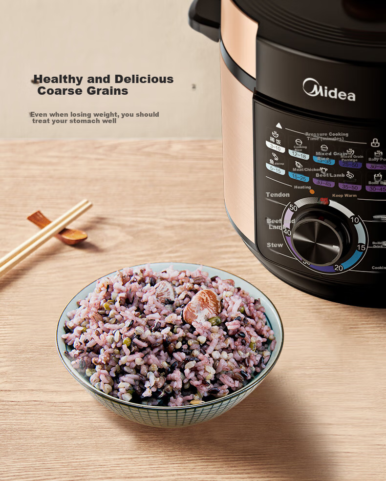 Midea Electric Pressure Cooker, Home Use 5L Double Pot, Large Capacity Multifunctional Rice Cooker, One-Button Air Release, Mechanical Control Electric High Pressure Cooker 12
