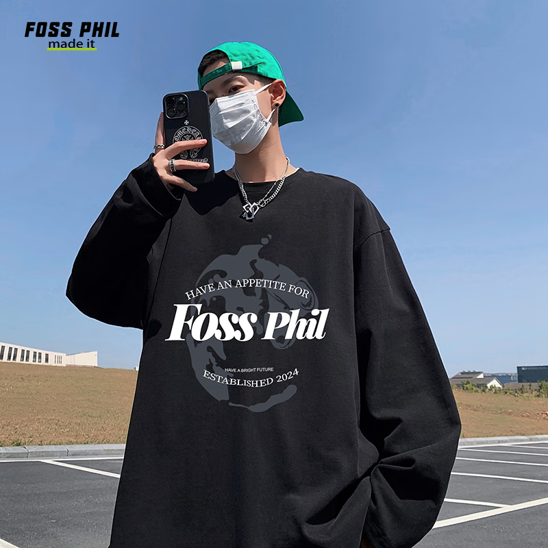 Футболка с длинным рукавом Foss Phil из чистого хлопка для мужчин, трендовая повседневная футболка оверсайз на осень, унисекс, с круглым вырезом, FPCT3, черная, XL