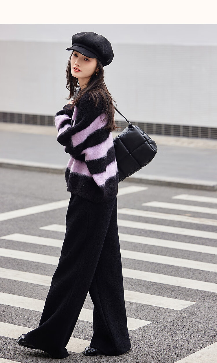 DME Fashionable Casual Style Winter Round Neck Raglan Sleeve Faux Fur Striped Elegant Color Block Knit Sweater Women's Top, Purple XL 13