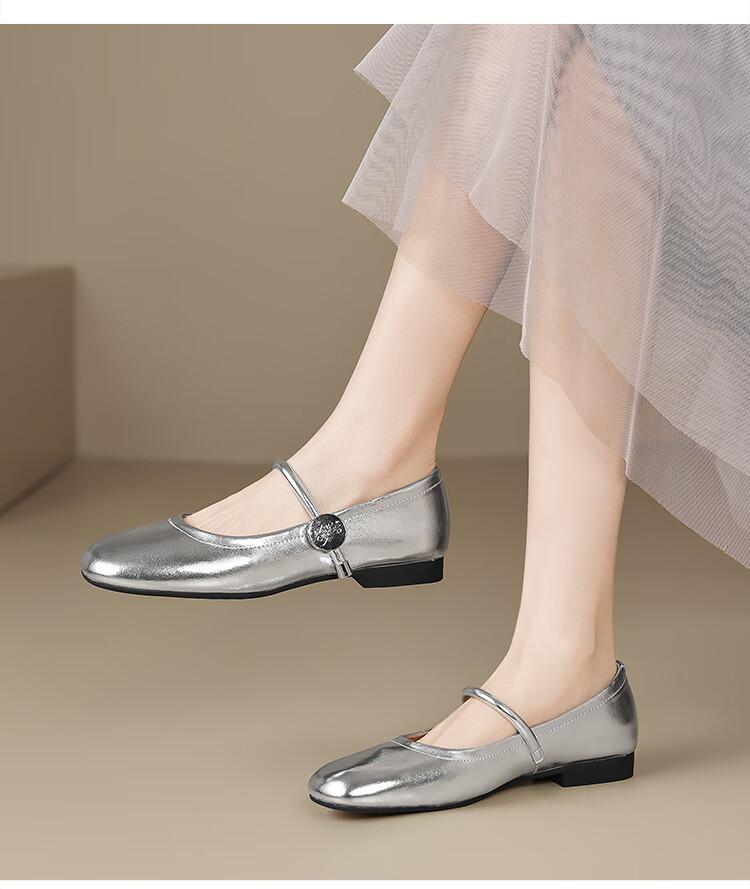 ZHR Women's Shallow Mary Jane Shoes 2026 Summer Flat Lightweight Comfortable Soft Sole Single Shoes AH607 Silver Size 40 14