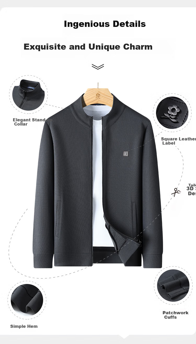 MONTAGUT Spring And Autumn Men's Stand-Collar Jacket with Mulberry Silk, Casual Sweatpants, Sporty Fashion Two-Piece Set, Black, Size 54 5