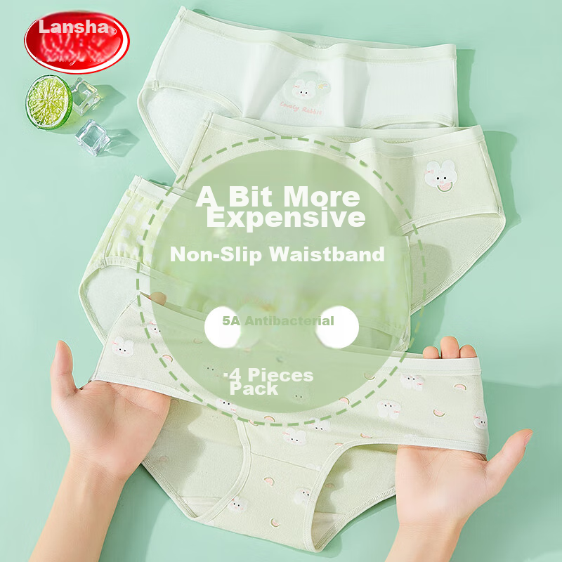 LangSha Children's Underwear, Girls' Antibacterial Triangle Panties, for Young And Older Girls, Green Rabbit Design, Size 150