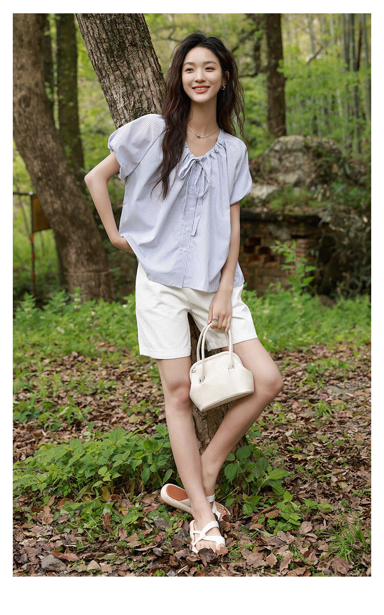 Dme [Academic Style Striped Shirt] Summer Youthful Lantern Sleeve Collar Butterfly Stripe Short-Sleeve Women's Shirt 3