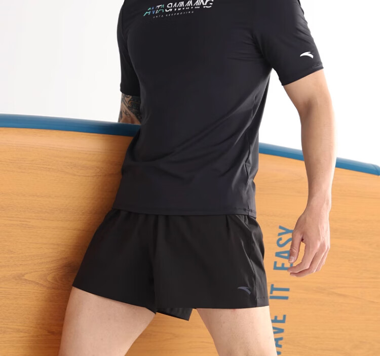 ANTA Men's Swimming Set Anti-Embarrassment Double-Layer Swim Trunks Two-Piece Professional Equipment for Hot Springs Black L 16