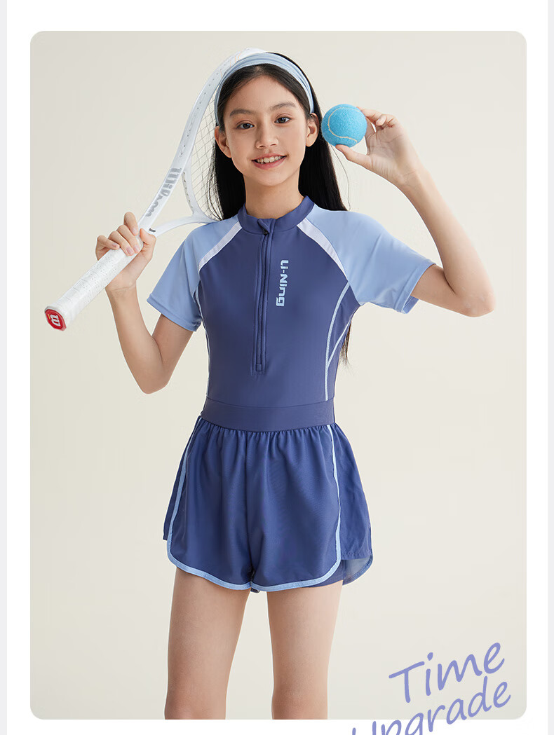 Li-Ning Children's Swimsuit, Girls' Color-Block Short-Sleeve One-Piece Swimwear, Swimming Goggles, Swim Cap, Swim Bag Set, 052 Purple Blue, Size 140 10