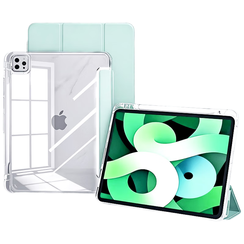 JPLAYER Apple iPad Air 8/7/6 Case 13-inch 2026/25/24 M3 Chip with Pencil Slot Transparent Tri-fold Stand Soft Green Tablet Cover