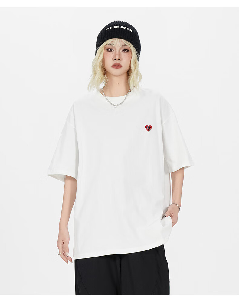 Chaersitaoxin [Wu Lei's Choice] Short-Sleeve T-Shirt for Men And Women, Summer New Style Pure Cotton Heavyweight Heart Embroidery, White, S 6