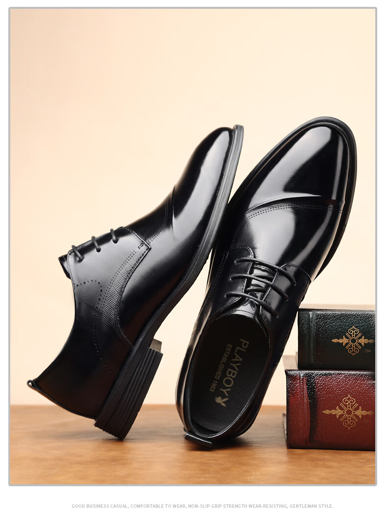 PLAYBOY Men's Leather Shoes, British Trendy Pointed Toe Lace-Up Formal Business Shoes, Groom Wedding Shoes, Black, Size 42 5