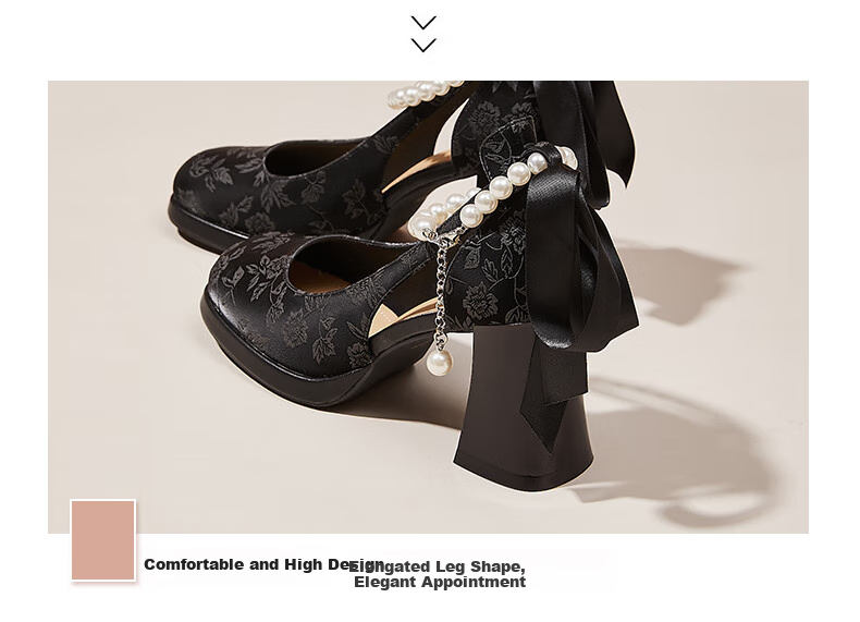 DAPHNE Chinese Style Dress Shoes for Women with Chunky Heel, Height-Increasing Black High Heels Wedding Shoes Mary Jane Shoes Beige 35 3