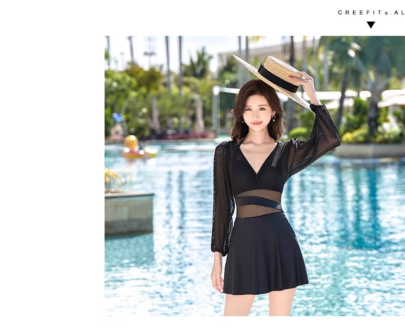 DK Women's Swimsuit, 2026 New Style, One-Piece Long Sleeve, Slimming, Elegant, Conservative, Suitable for Hot Springs, Beautiful Adult Swimwear, M Size 6