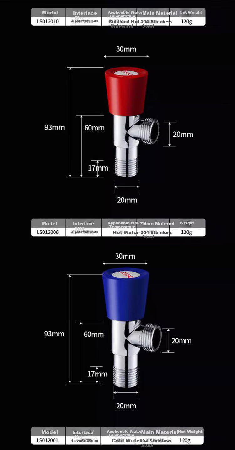 Liansu Stainless Steel Angle Valve Cold and Hot Copper Triangle Valve Water Stop Inlet Valve 1/2 Inch Water Heater Toilet Blue Single Mark 13