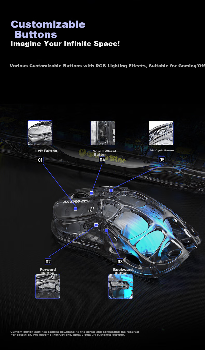 GravaStar Wireless/wired Bluetooth Gaming Mouse, Tri-Mode (Wireless/Wired/Bluetooth), 29-Hole Lightweight Hollow Design, 3395 Sensor, Rechargeable Long Battery Life, RGB Lighting, Transparent Black 6