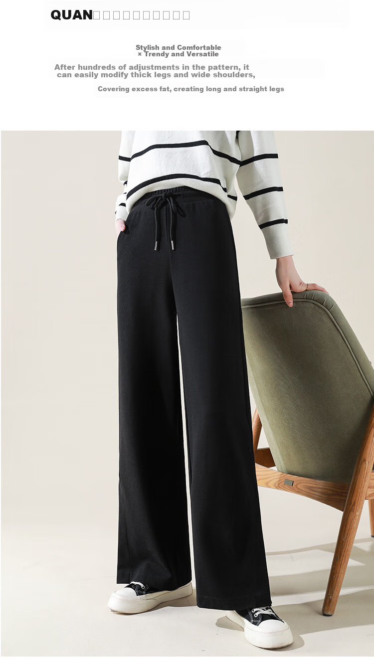 Dme [Knitted Pants] Spring And Autumn Commuter Women's Trousers with Drawstring Elastic Waist Straight Casual Wide-Leg Pants for Wome 2
