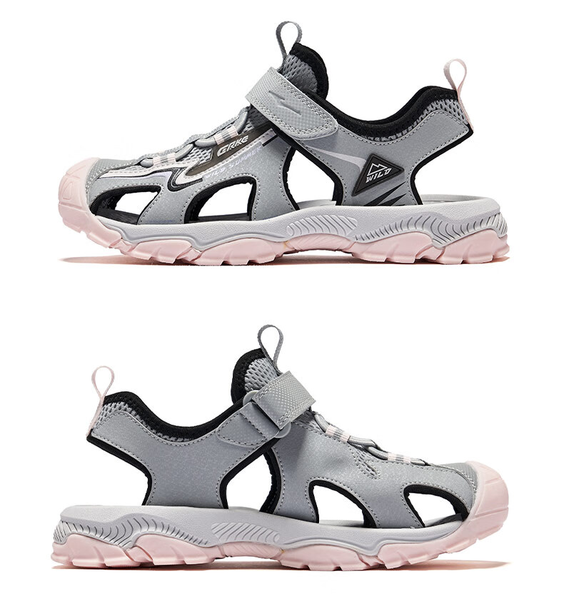 ERKE Children's Shoes, Girls' Big And Small Kids Closed-Toe Sandals, Children's Velcro Outdoor Beach Shoes, Pure Pink/micro-Crystal White, Size 35 43
