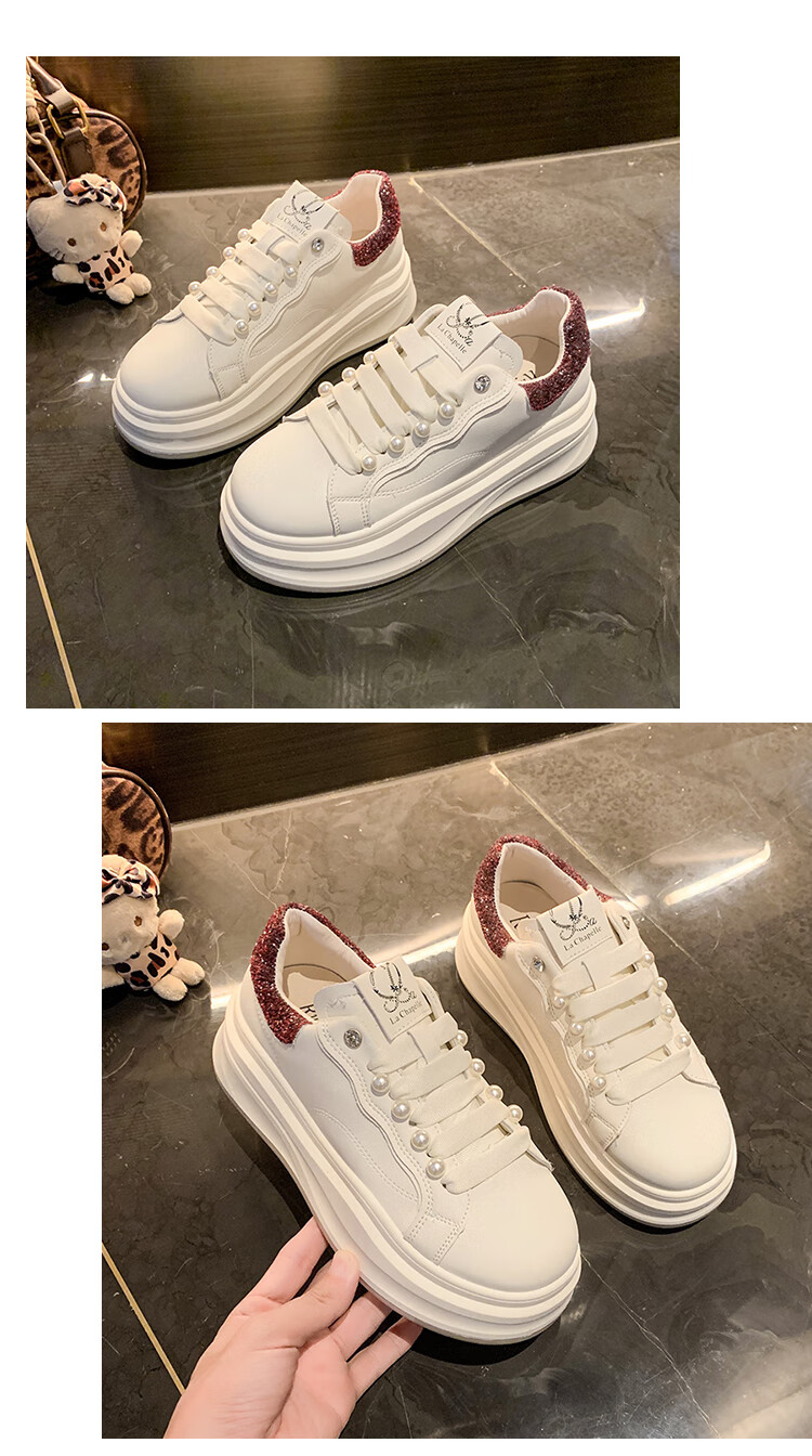 La Chapelle Women's Sneakers, Thick-Soled White Shoes, Versatile Pearl Lace-Up Sports White Shoes-JX005 Silver 39 18