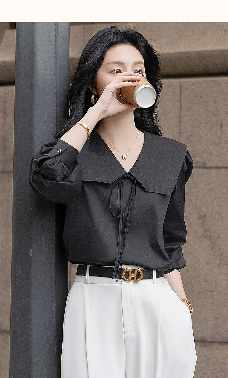 Dme [Will Breathe Cotton] Spring And Autumn Japanese Artistic Turndown Collar Tie-Up Shirt with Puff Sleeves, Concealing Body, Women's Blouse Top 10