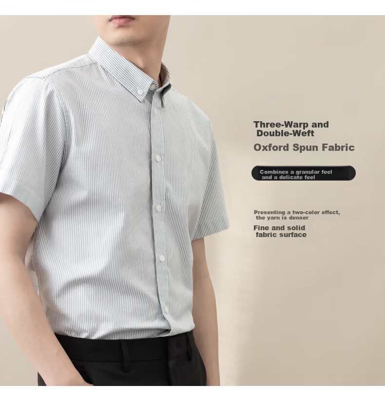 BLACKMONDAY Pure Cotton Oxford Yarn Vertical Striped Short-Sleeve Shirt for Men, All-Cotton Wrinkle-Free Business Casual Dress Shirt 3