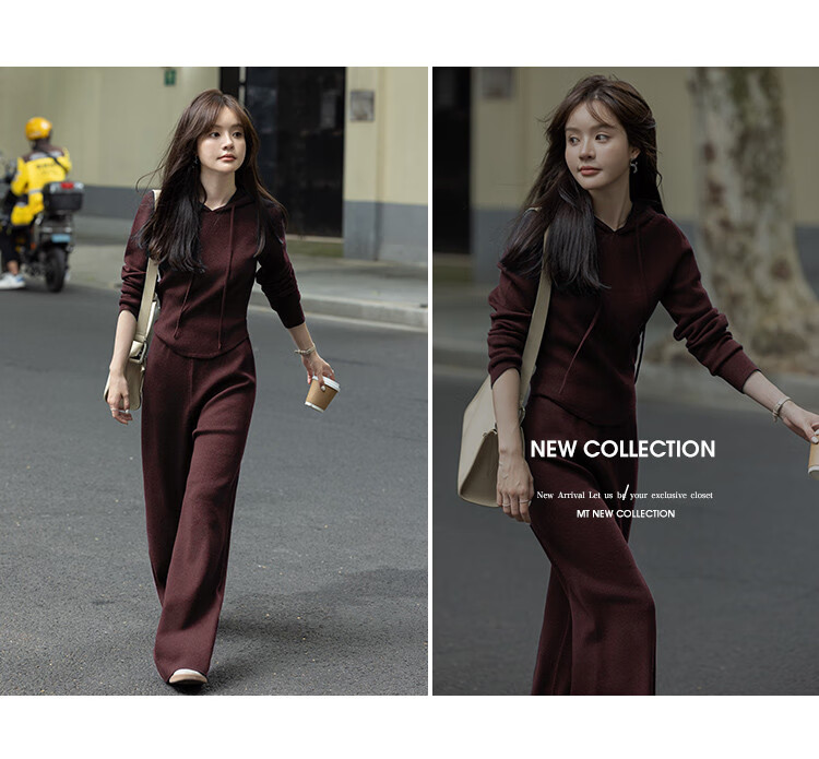 MT [Tranquil Charming Dark Navy] Winter Simple Knit Sweater with Elastic Waist Wide-Leg Pants Set 3