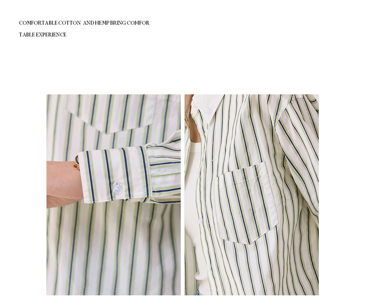 Chushen Women's Long-Sleeve Shirt, Contrasting Color Lapel, Classic Striped Short Casual Commuter Pure Cotton Blouse S51S043 11
