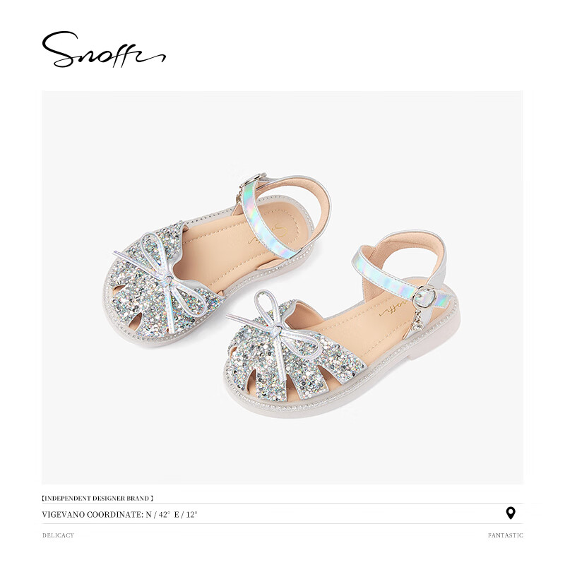 Snoffy Children's Sandals, Girls' Princess Shoes, Summer Fashion, Comfortable And Shiny Crystal Shoes for Little Girls, Colorful European Style, Silver, Size 27