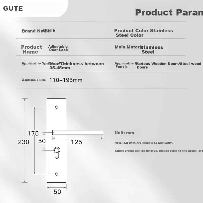 GUTE Door Lock, Interior Bedroom Wooden Door Lock, Room Door Handle, Stainless Steel Bathroom Door Lock, Brushed Color, Adjustable Door Lock