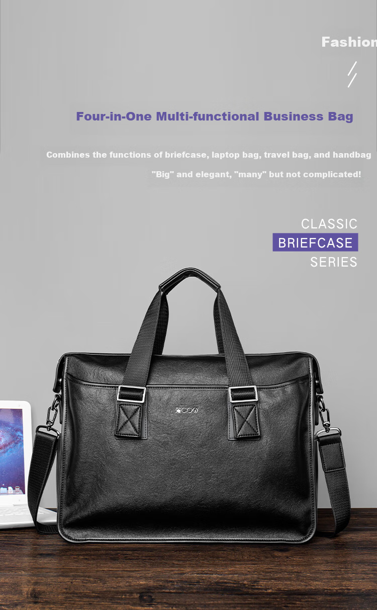 COW Briefcase, Men's Business Casual Handbag, Large Capacity, Durable, Men's Bag, Business Laptop Bag, 8628 Black 1