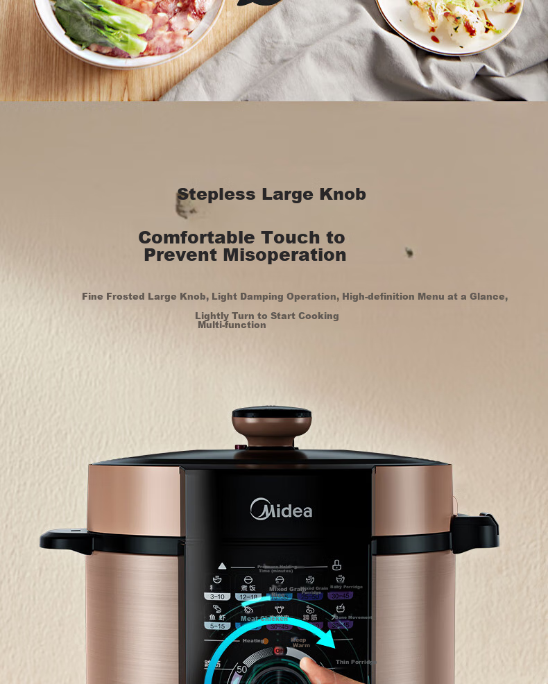 Midea Electric Pressure Cooker, Home Use 5L Double Pot, Large Capacity Multifunctional Rice Cooker, One-Button Air Release, Mechanical Control Electric High Pressure Cooker 3