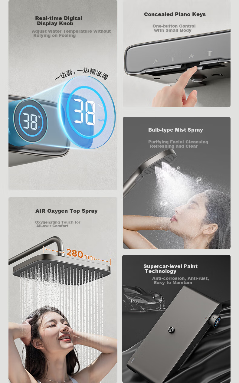 ARROW Shower Head, Gunmetal Gray Digital Display Piano Key Shower Head, Handheld High-Pressure Spray Nozzle 3