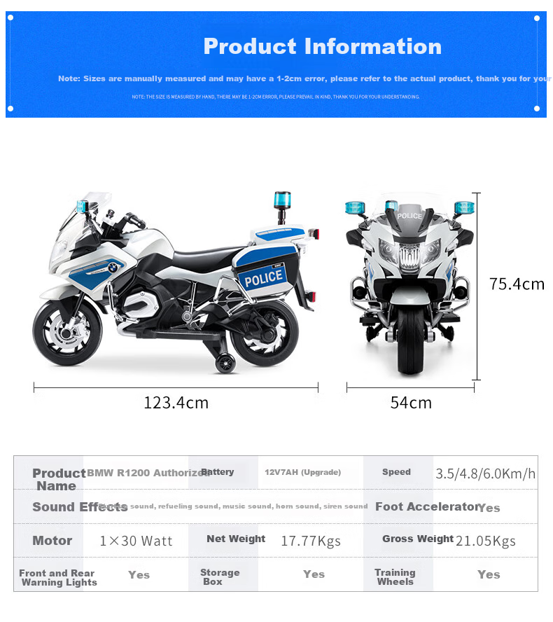CHILOKBO BMW Children's Electric Motorcycle, Two-Wheel Extra-Large Rideable, Double-Person Kids' Toy Police Car, Birthday Gift, Soft Wheels 5