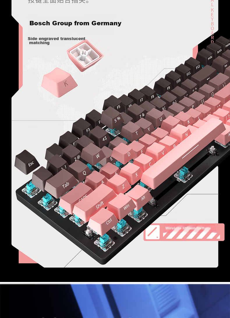 HP Mechanical Keyboard, Wired for Office, E-Sports And Gaming, Compatible with Desktop And Laptop Computers, Side-Engraved Gradient Blackberry Pink White Light Blue Switches, 104 Keys 2