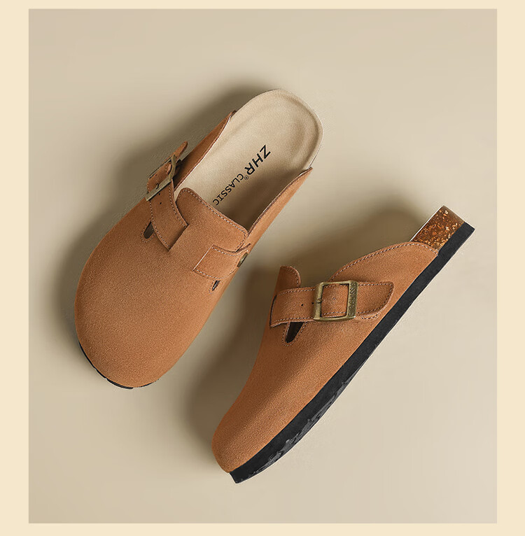 ZHR Women's Slippers, Retro Suede Cowhide Birkenstock-Style Shoes, Soft-Soled Outdoor Wear, Closed-Toe Slippers for Women, JQ03, Sand Color, Size 35 19