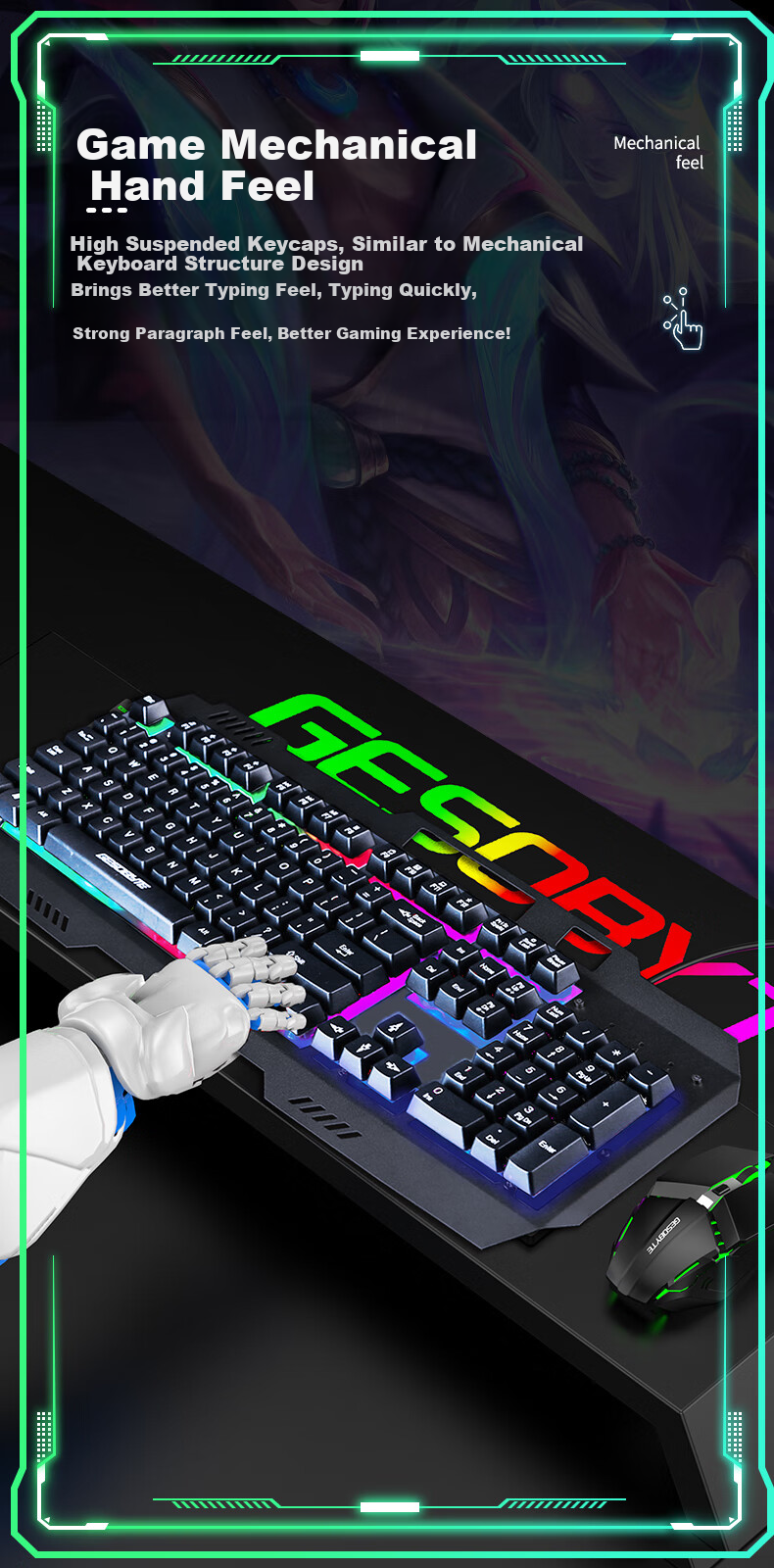 GESOBYTE G108X Mechanical Feel Keyboard And Mouse Combo Wired Keyboard And Mouse Set Gaming Office Home Computer Keyboard PUBG Set Metal Panel Black 3