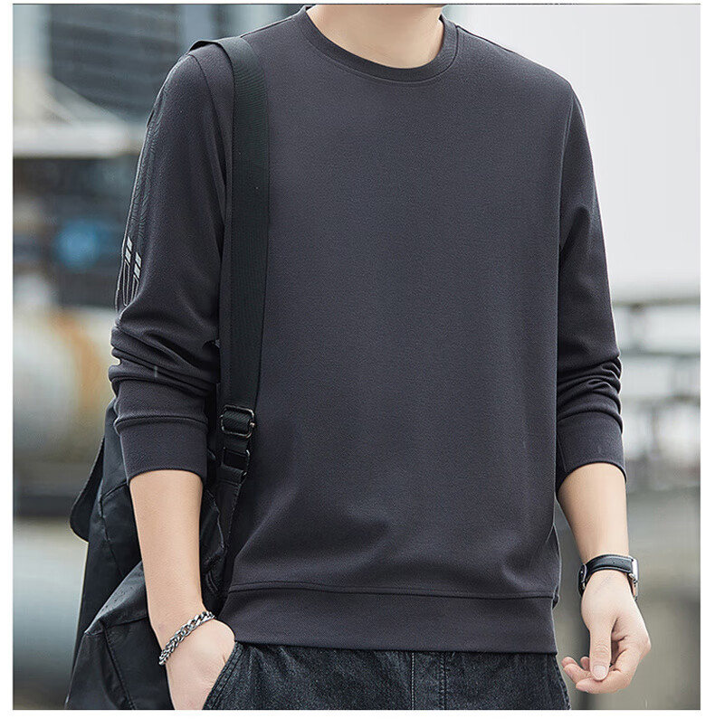 ROMON Men's Sweatshirt, Spring And Autumn Round Neck Loose High-End Long-Sleeve T-Shirt, Comfortable Base Layer Jacket for Men, 8939 Dark Gray 2XL 18
