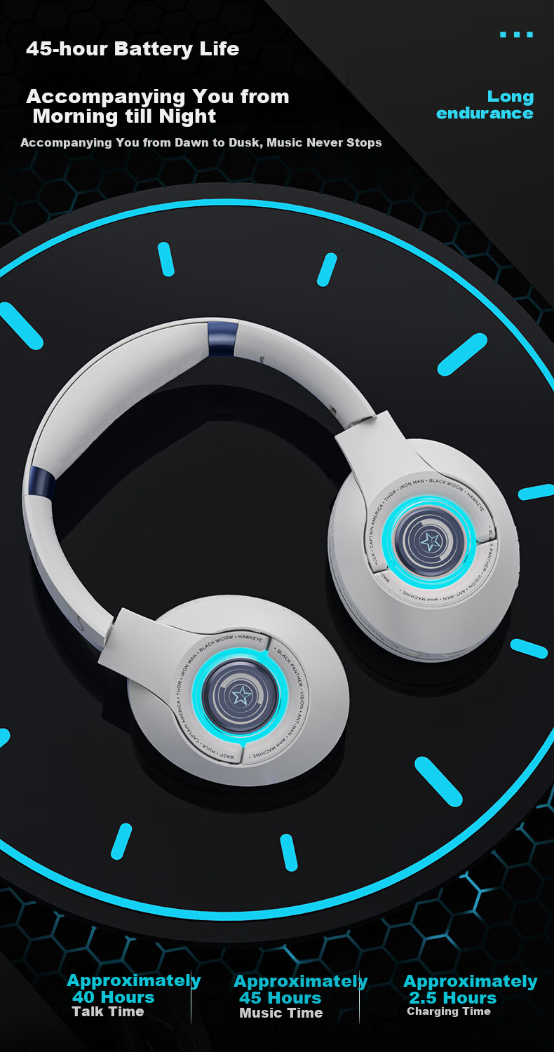 Disney Marvel Officially Licensed Wireless Bluetooth Headphones, Over-Ear ANC Active Noise Cancellation Gaming Headset with Long Battery Life, Cool Light Effects MR18 White Captain America 5