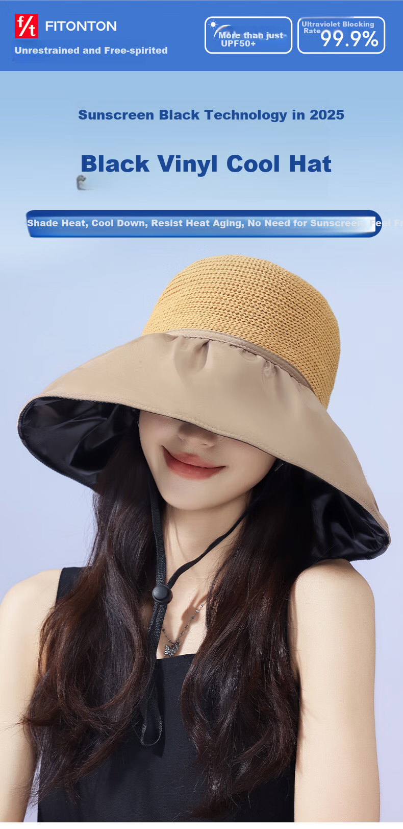 FitonTon Women's Wide Brim Sun Hat, UV Protection Black Gel Visor Cap, Summer Outdoor Versatile Straw Hat 1
