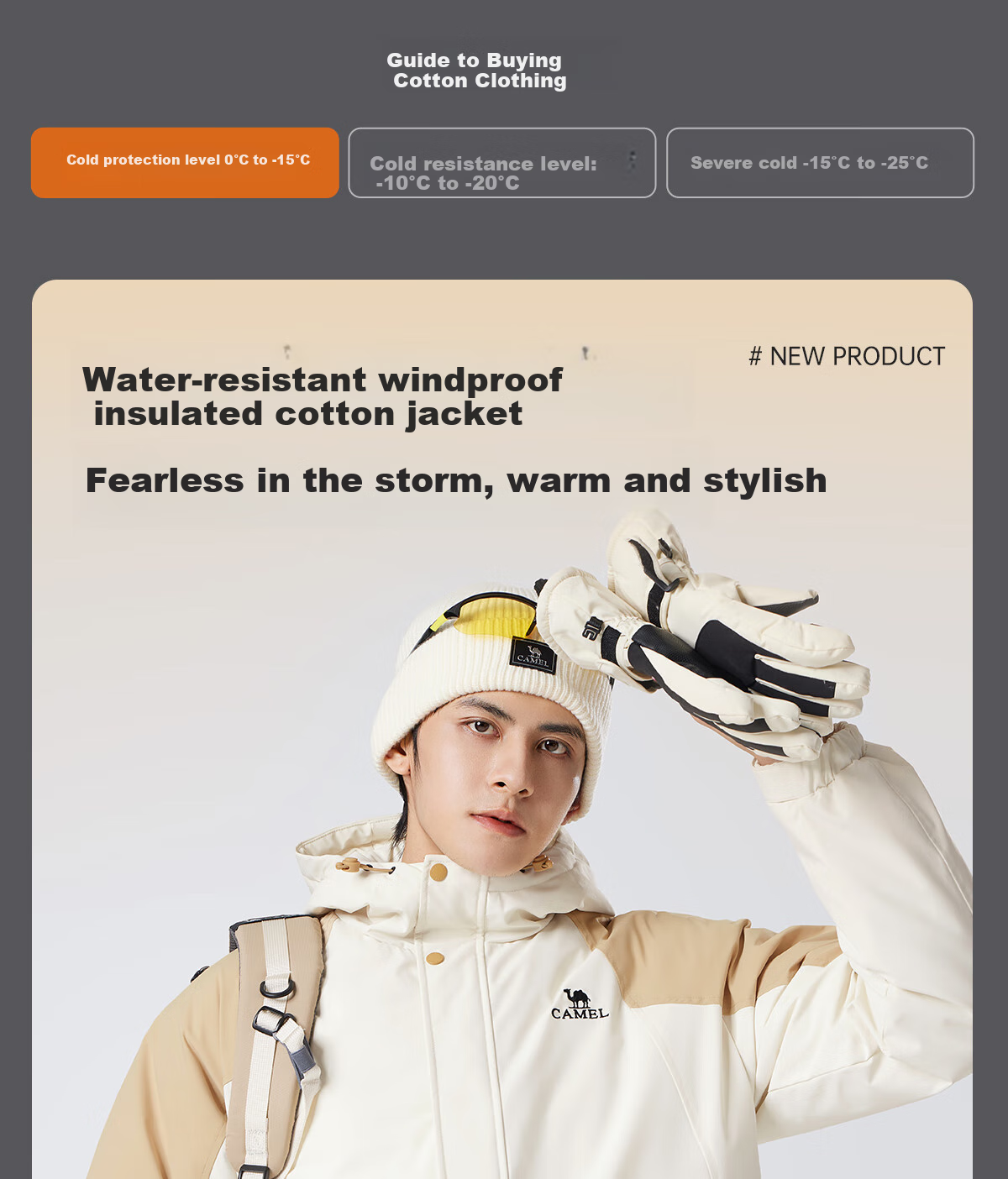 CAMEL Men's Cotton Jacket, Winter Urban Light Outdoor Fleece-Lined Waterproof Coat, Couple's Outerwear M13CA6V128C 1