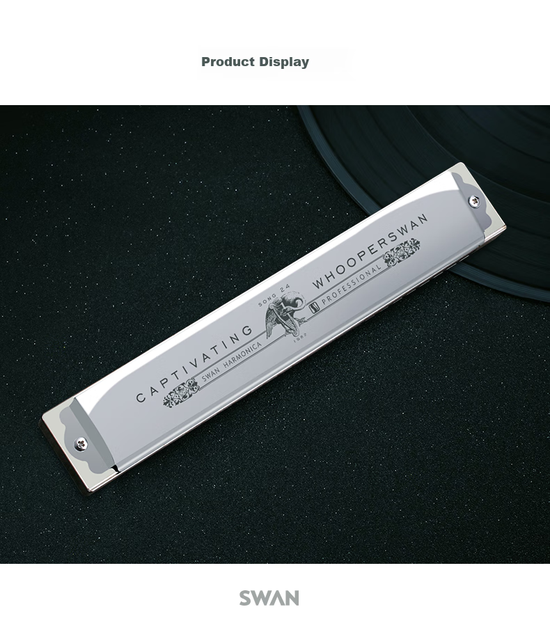SWAN 24-Hole Polyphonic, Japanese Imported Harmonica, Advanced Adult Professional Performance Harmonica in C Key (Silver) 10