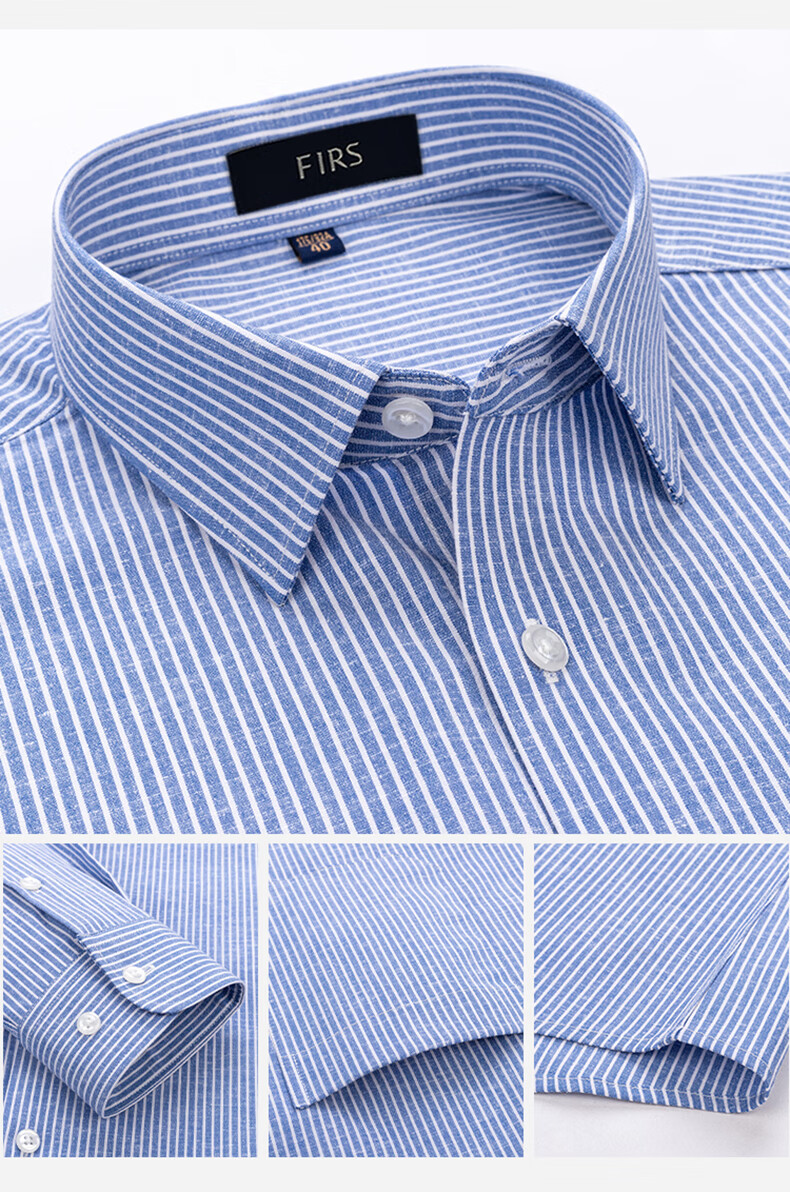 FIRS Men's Long Sleeve Business Casual Striped Shirt with Linen and Lyocell, Gray, Size 40 13