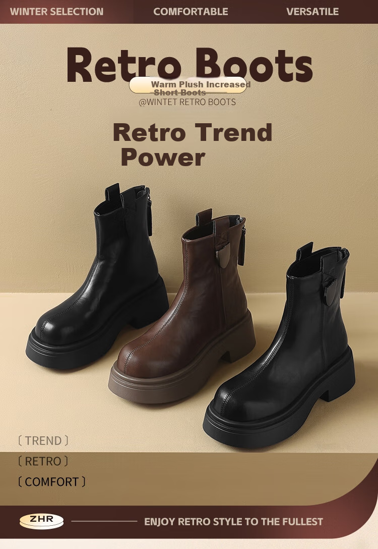 ZHR Women's Winter Vintage British Style Martin Boots with Fleece, Chunky Heel, Thick Sole, Short Boots KN02A Black Size 40 1