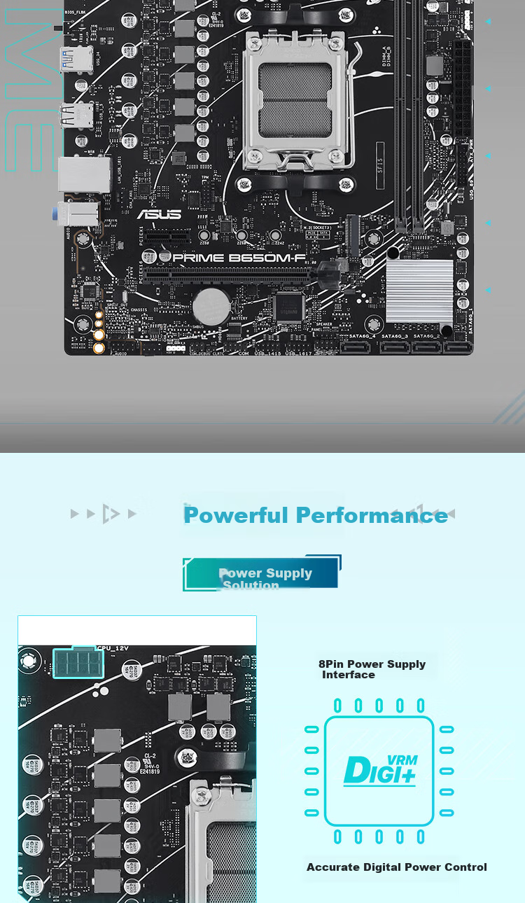 ASUS PRIME B650M-F Motherboard, Supports DDR5 CPU 9600X/7600X/9500F, AMD B650/socket AM5 3
