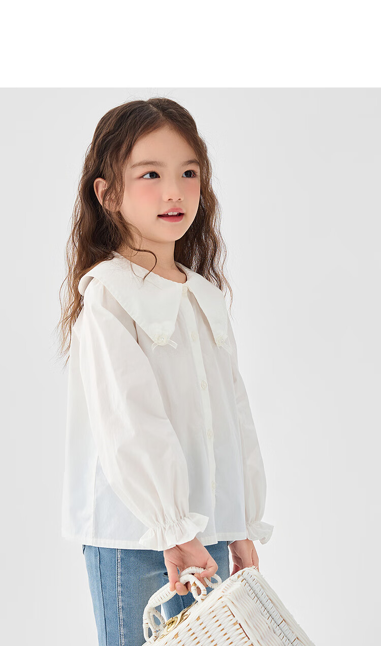 BALABALA Girls' Long-Sleeve Shirt, Pure Cotton White Blouse, Spring Top, Simple Versatile Comfortable Skin-Friendly 9