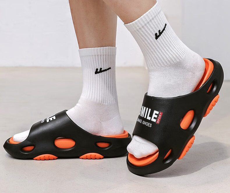 Huameijianbu Men's Sports Slippers, Quiet Non-Slip Indoor Thick-Soled Outdoor Sandals HM2439 Black And Orange Size 44-45 25