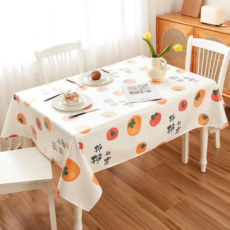 CHERISHES LIFE Waterproof And Oil-Resistant TPU Tablecloth, Washable Rectangular Dining Table Cover for Home Use, Tea Table Cloth, Persimmon-Shaped, Auspicious Design, 137*180cm