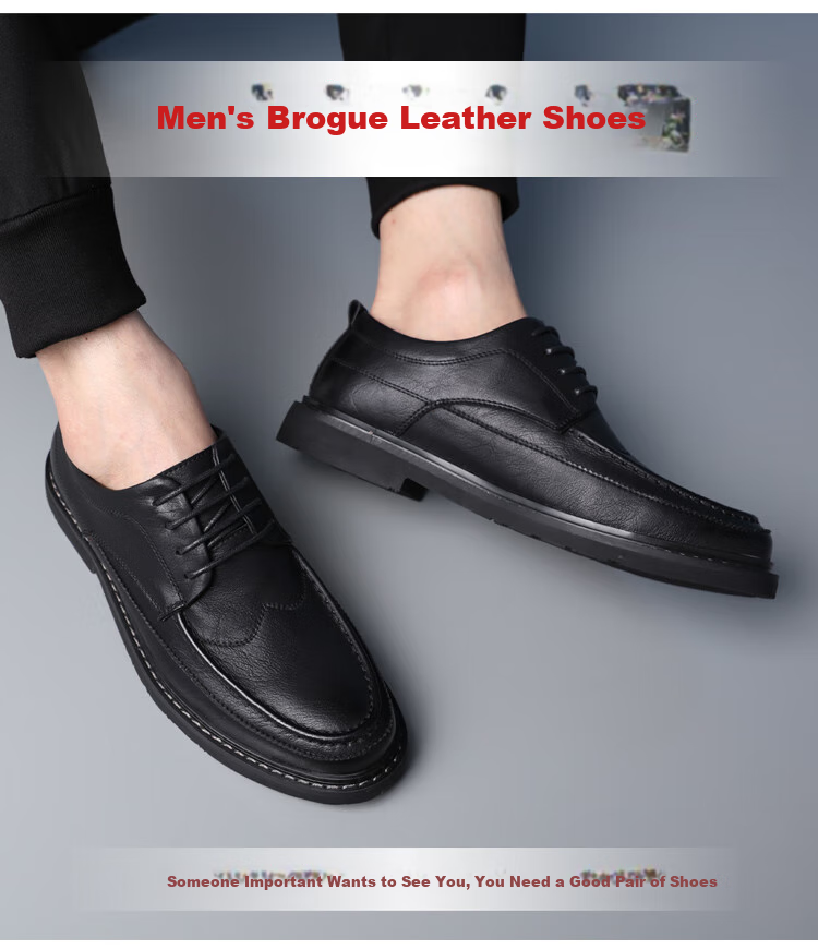 Poitulas Men's Lace-Up Business Casual Shoes, British-Style Carved Brogue Casual Leather Shoes, 3017 Black, Size 38 1