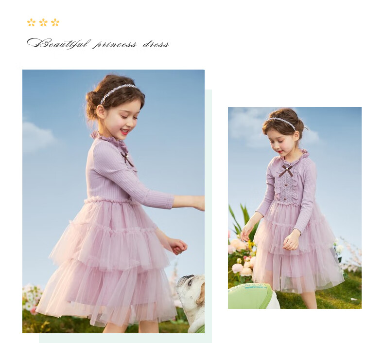 Follow Me Girls' Dress Spring And Autumn Sweet Tulle Knit Dress for School Performances, Pink, Size 150 8