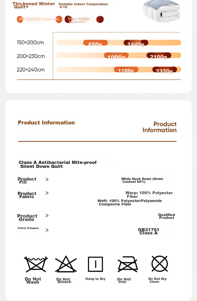 Wangyiyanxuan Comforter, down Comforter, 90% White Duck Down, Class A Antibacterial, Anti-Mite, Quiet Winter Quilt, 650g, 1.5*2m 16
