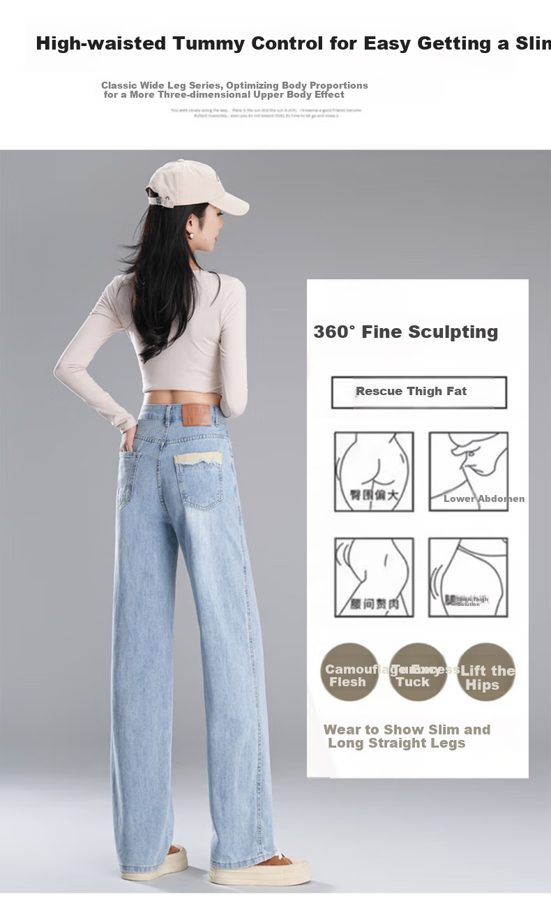 Pierre Cardin Women's Jeans, Autumn High-Waist Draping Floor-Length Casual Fashion Versatile Straight Loose Wide-Leg Pants, Light Blue, XL 15